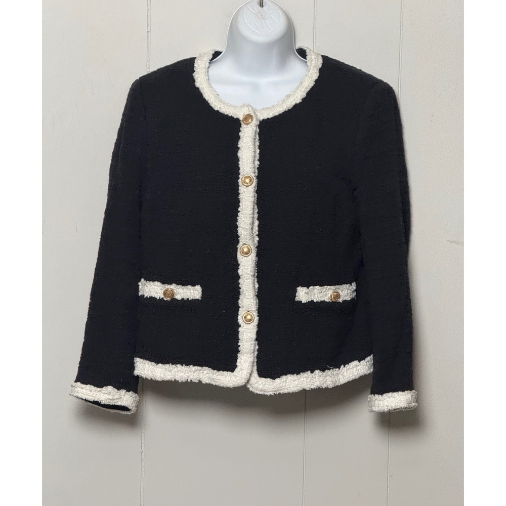H&M Black White Boucle Tweed Jacket Gold Crest Button Fringe Trim Blazer Size M